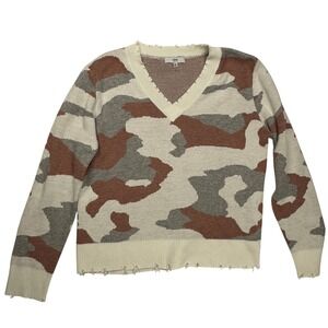 Fate Womens Camo V-Neck Distressed Hem Sweater Cream Brown Gray Small RN131468